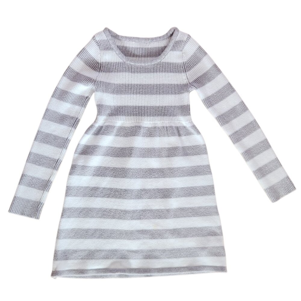 Girls Sweater Dress White Silver Striped Knit 4–5 Years Approx Long Sleeve Cute